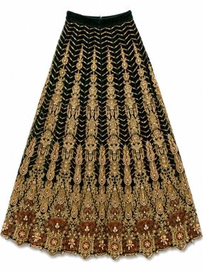 Vintage Indian Lehenga Skirt Forest Green Gold Zari Faux Pearl Embellished XXS